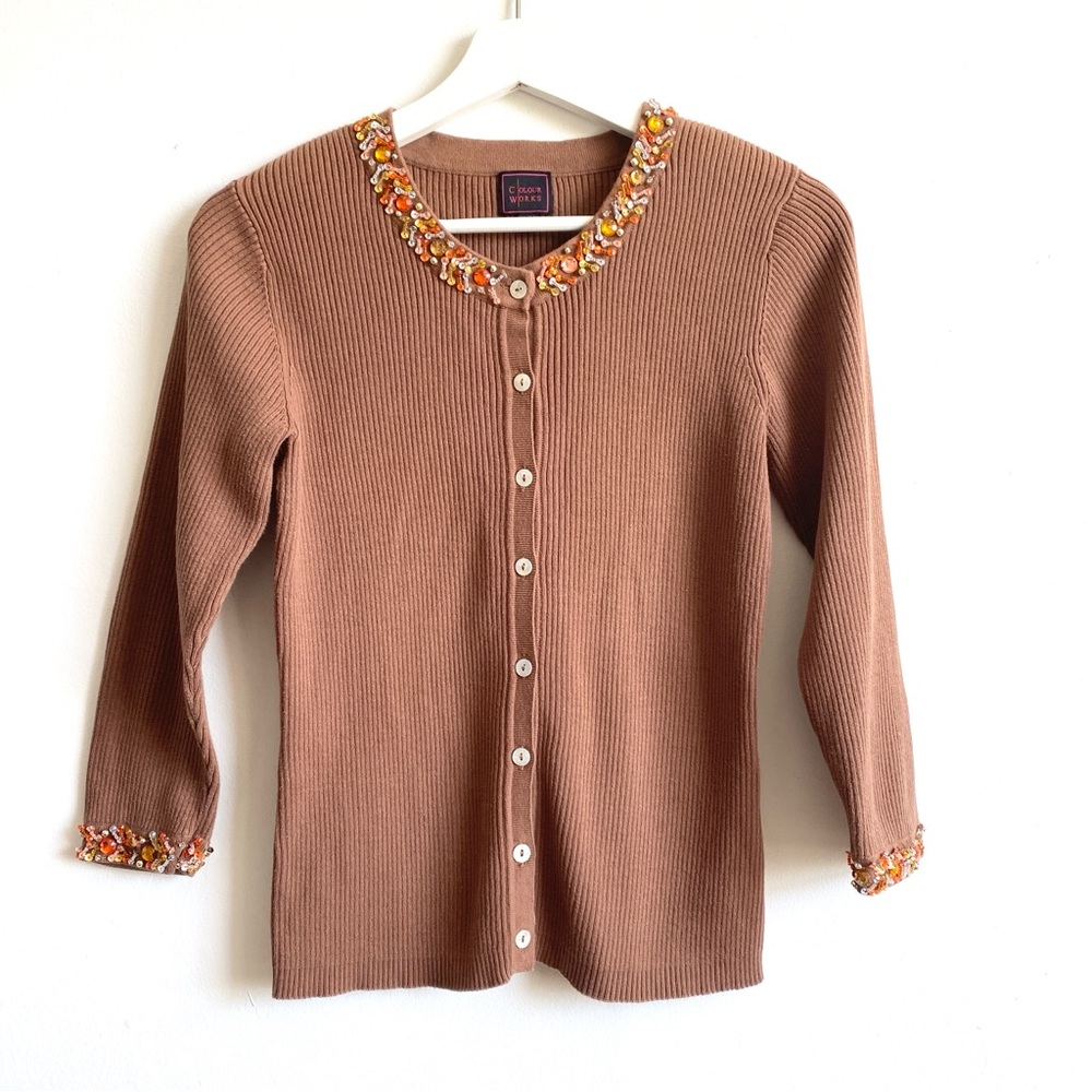 Brown Ribbed Long Sleeve Top Cardigan Sweater with Beaded Cuffs